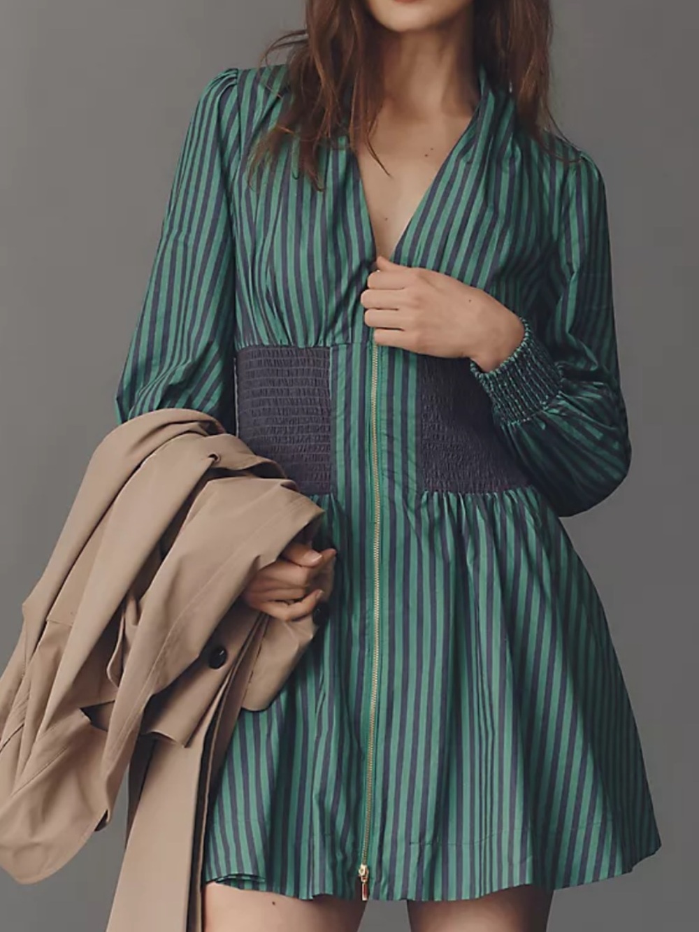 Anthropologie Green and Navy Tommie Striped V-Neck Mini Dress